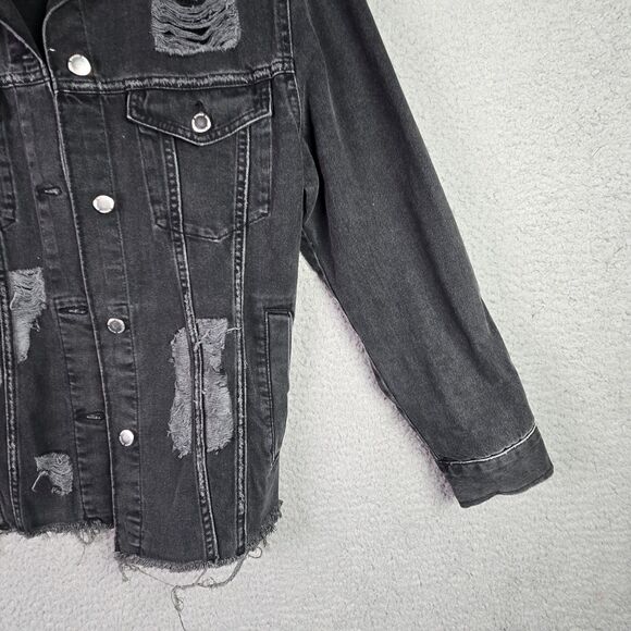 Divided Black Denim Jacket Thrashed Distressed Raw Hem Oversized Y2K Fall Retro - Picture 15 of 16